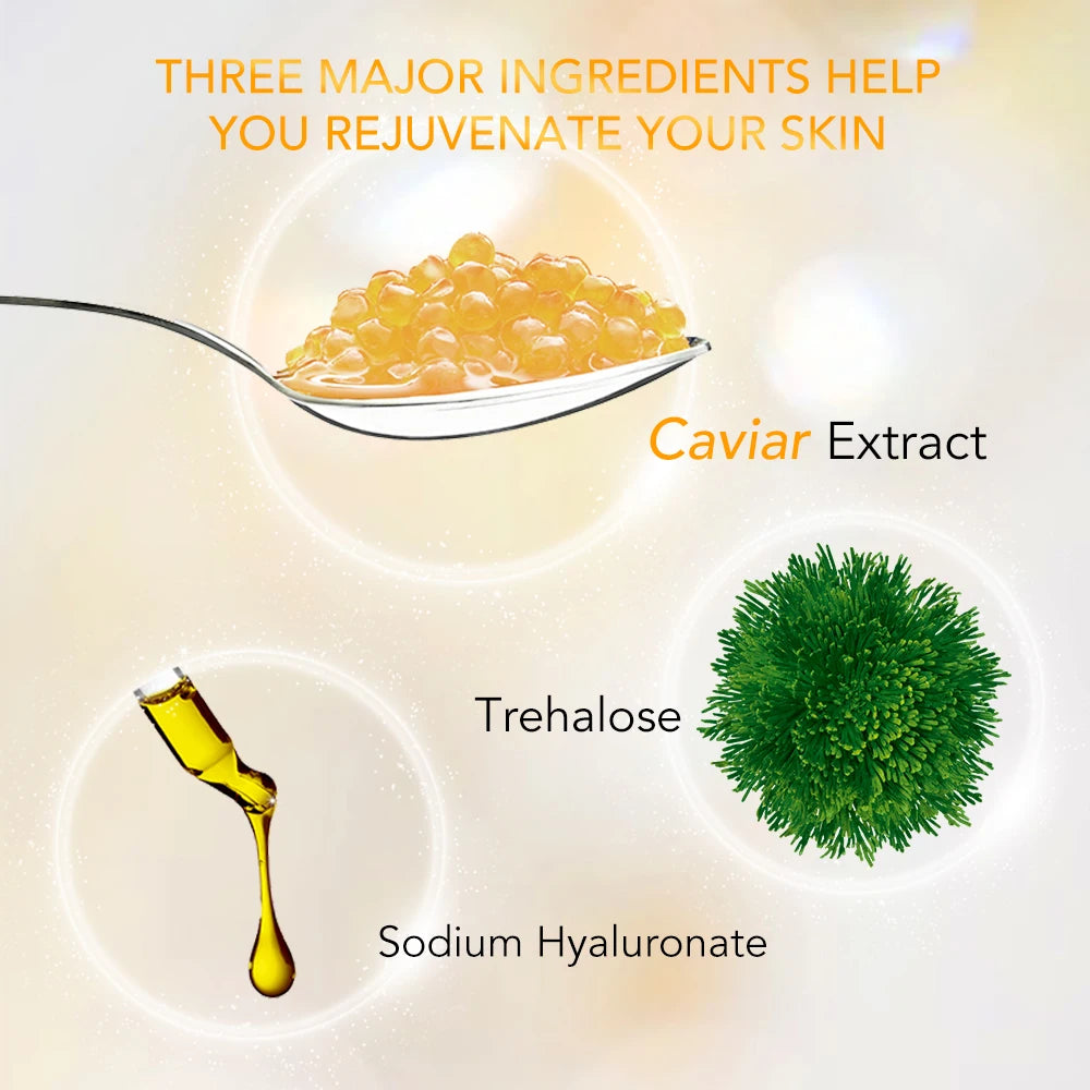 Three major ingredients for skin rejuvenation: Caviar Extract, Trehalose, and Sodium Hyaluronate, displayed on a light background.