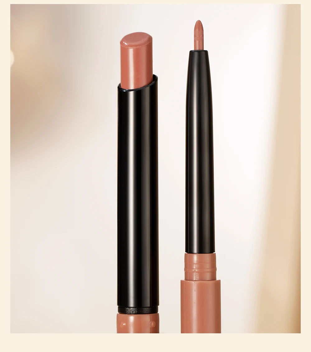 Lipstick with black casing and nude color on a light beige background