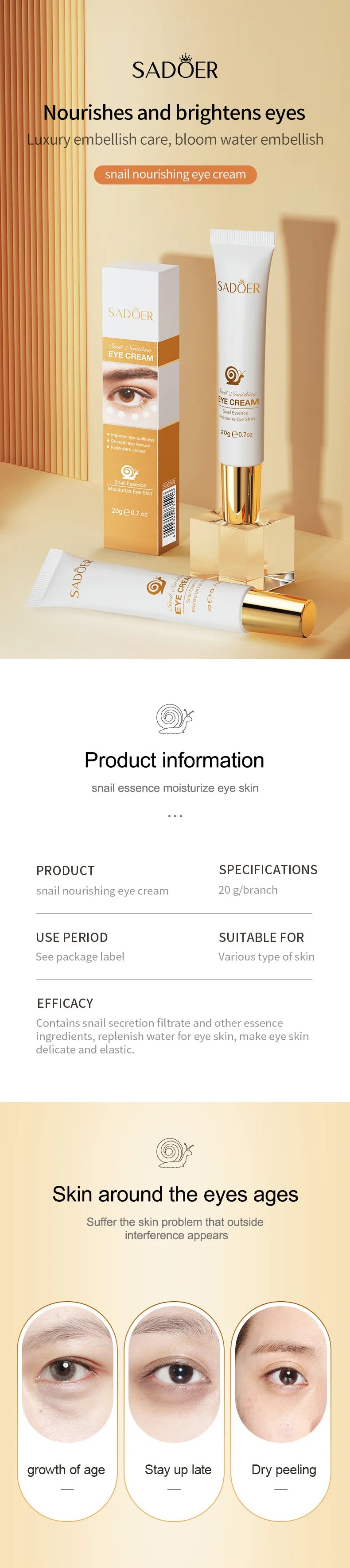 1/2/3pcs SADOER Snail Eye Cream Anti Dark Circles Under The Eyes Remove Eye bags Moisturizing Anti-Aging Eyes Skin Care Products