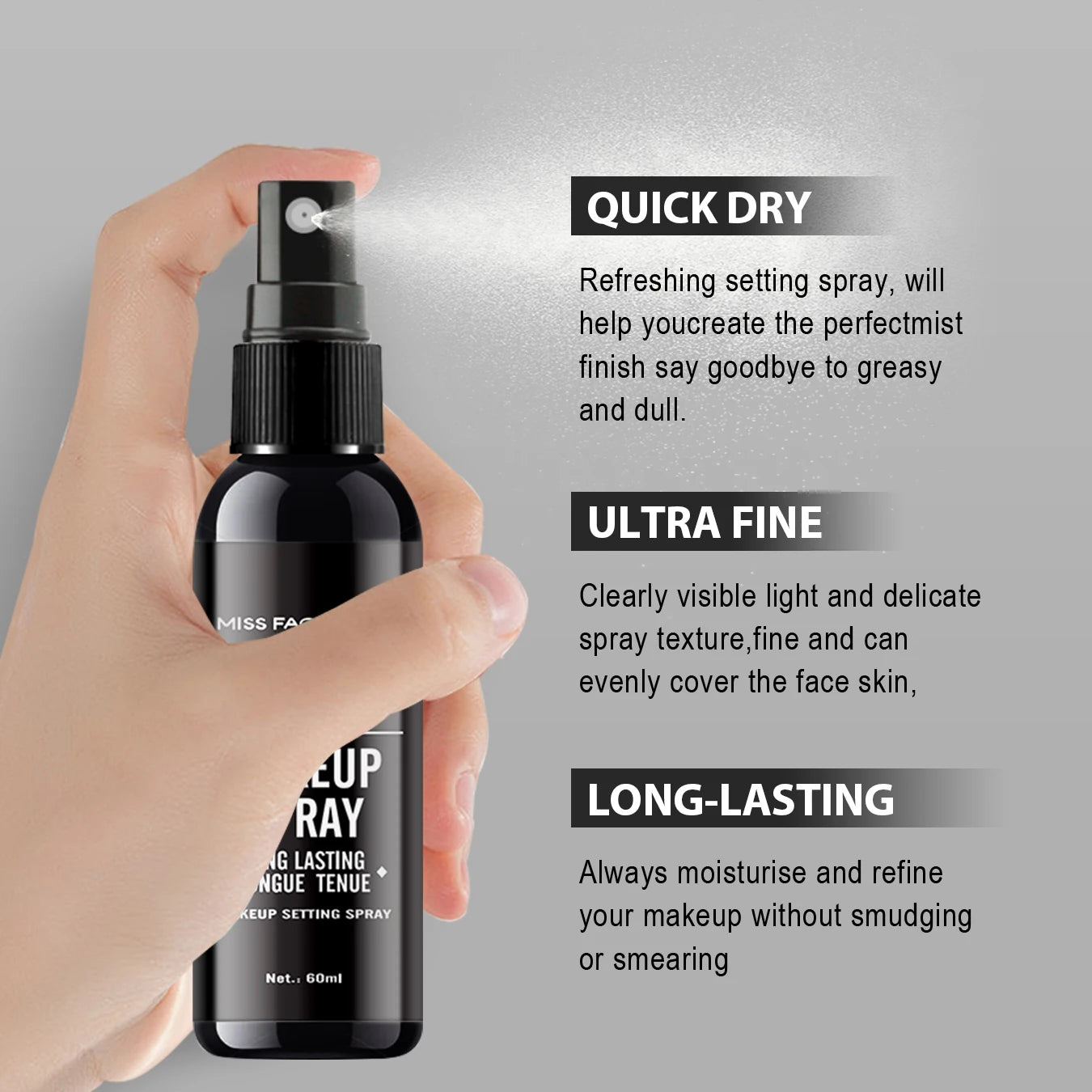 Professional lasting face makeup spray 60ml-waterproof, anti-sweat, oil control, anti-halo dyeing formula