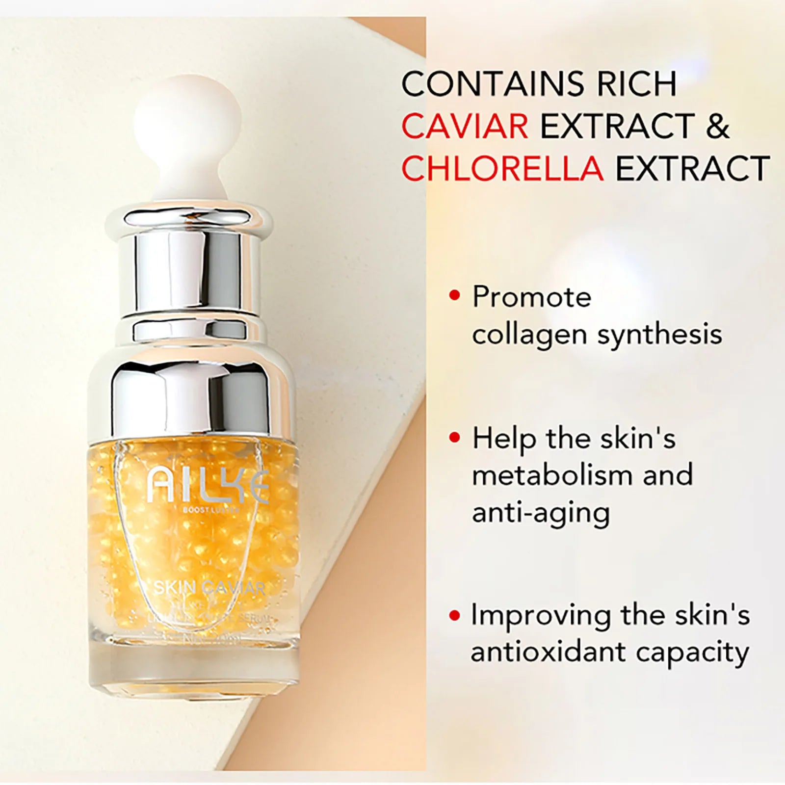 Skincare serum bottle with caviar extract and chlorella extract on a beige background