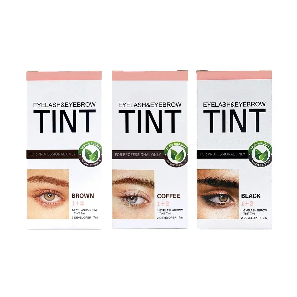 Three packages of eyelash and eyebrow tint with color options on a white background