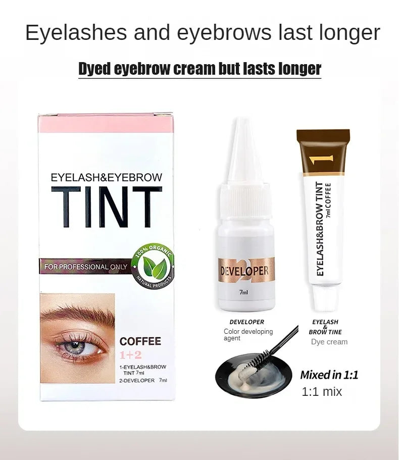 Eyelash and eyebrow tinting products including a box, developer, and mixing stick on a light gray background.