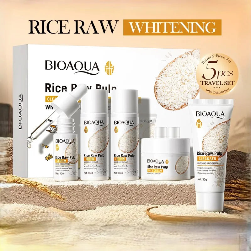 Rice Puree Skin Care Set Whitening Brighten Hydrating Moisturize Soothing facial cleanser+toner+essence+lotion+cream skincare