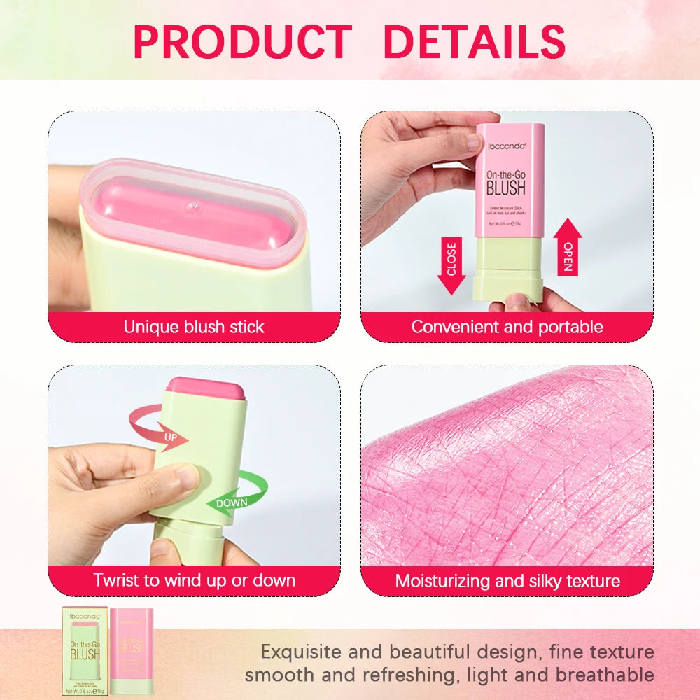 Product details of a blush stick with text highlighting features like convenience, portability, and texture.