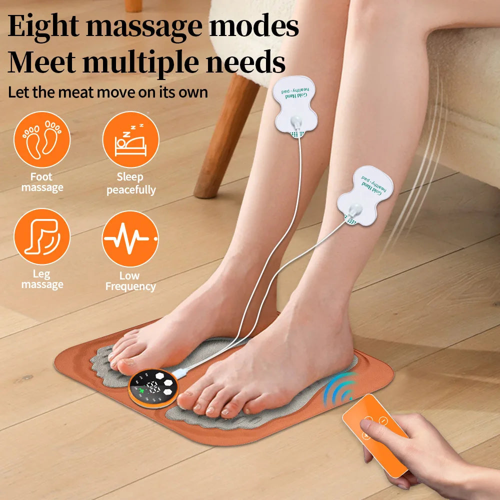 Person using a massage mat with eight massage modes on a wooden floor.