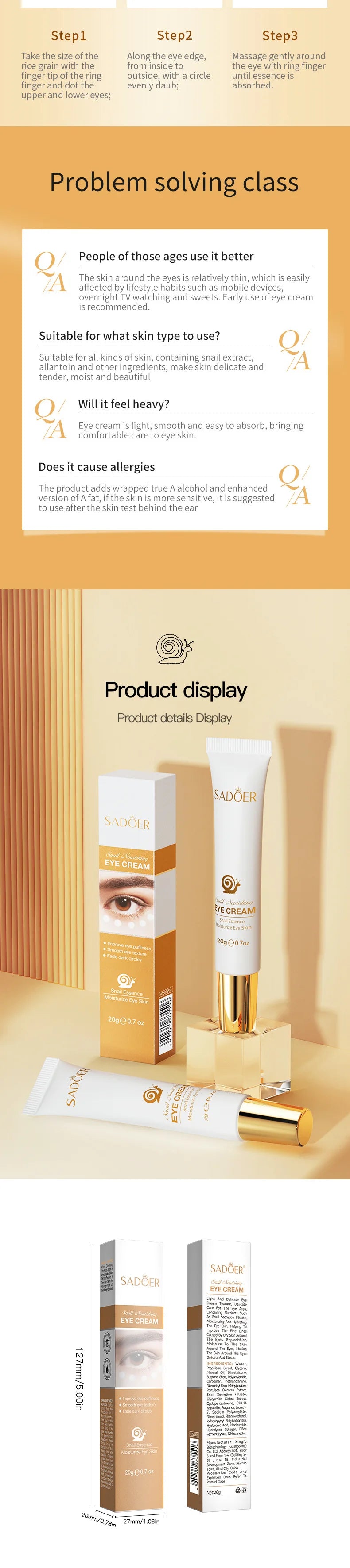 1/2/3pcs SADOER Snail Eye Cream Anti Dark Circles Under The Eyes Remove Eye bags Moisturizing Anti-Aging Eyes Skin Care Products
