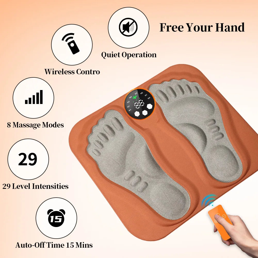 Foot massage mat with remote control and features listed on a beige background