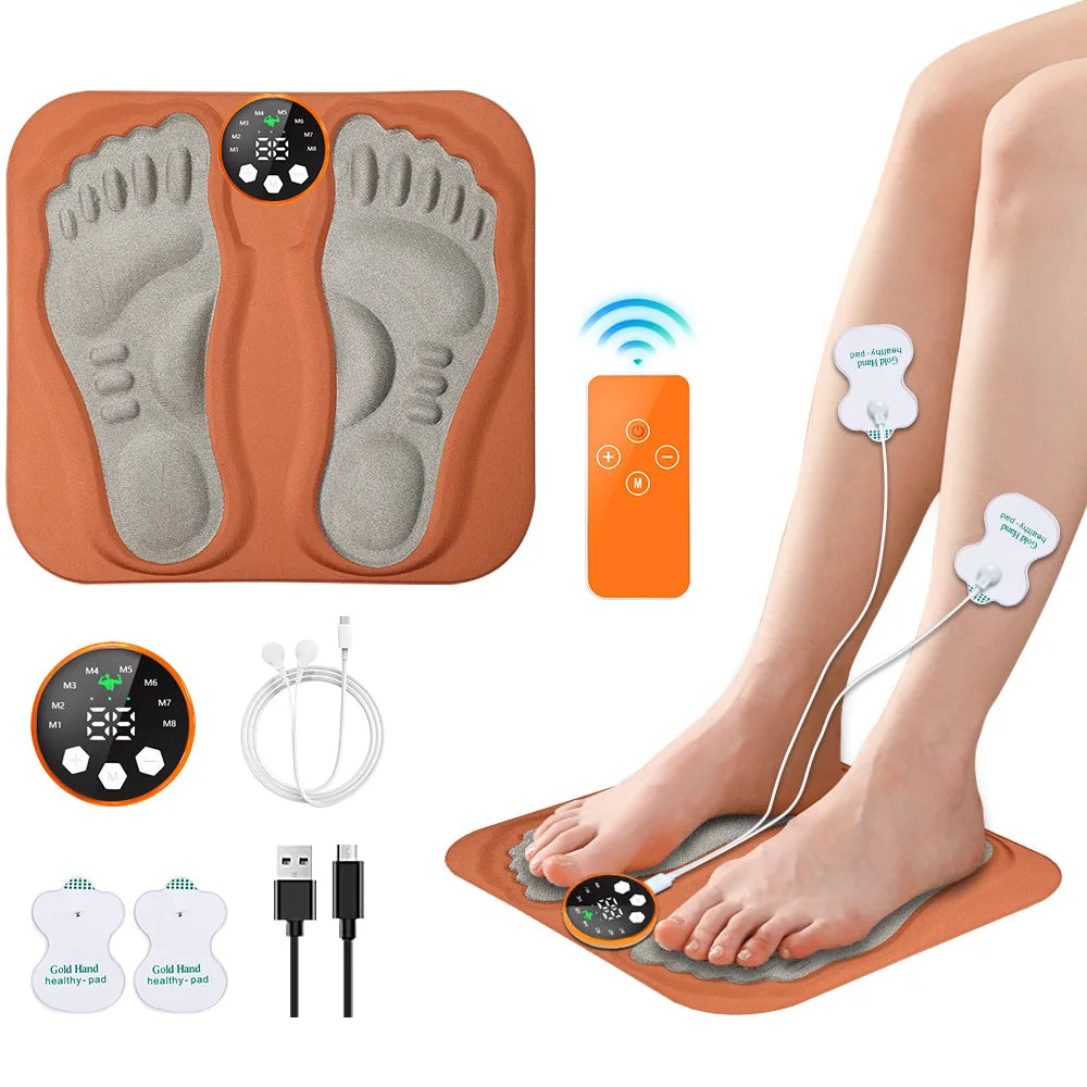 Electrotherapy device with foot pads, remote control, and cables on a white background