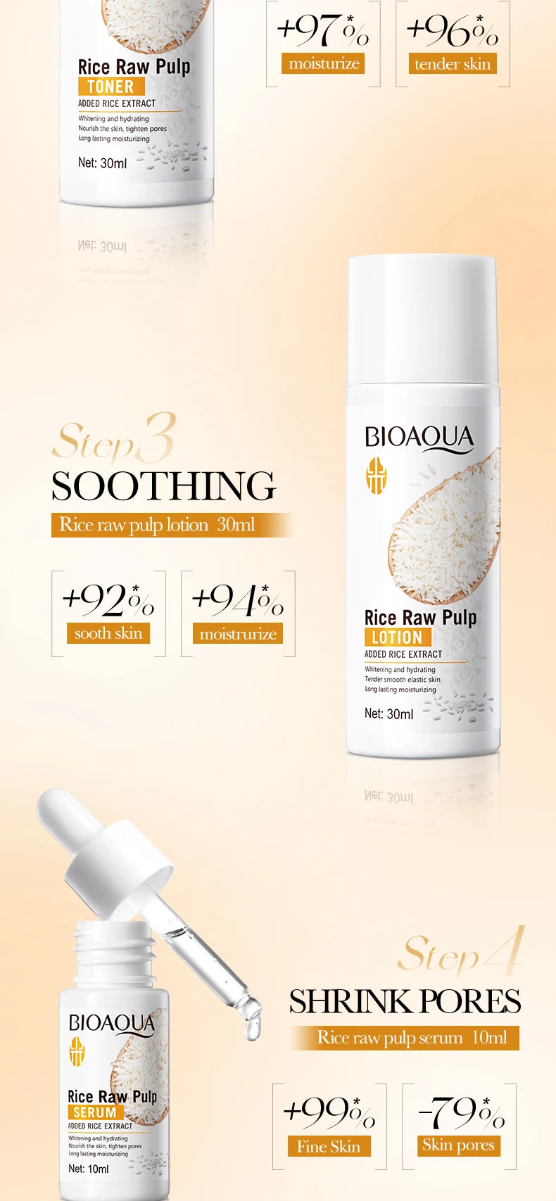 Rice Puree Skin Care Set Whitening Brighten Hydrating Moisturize Soothing facial cleanser+toner+essence+lotion+cream skincare