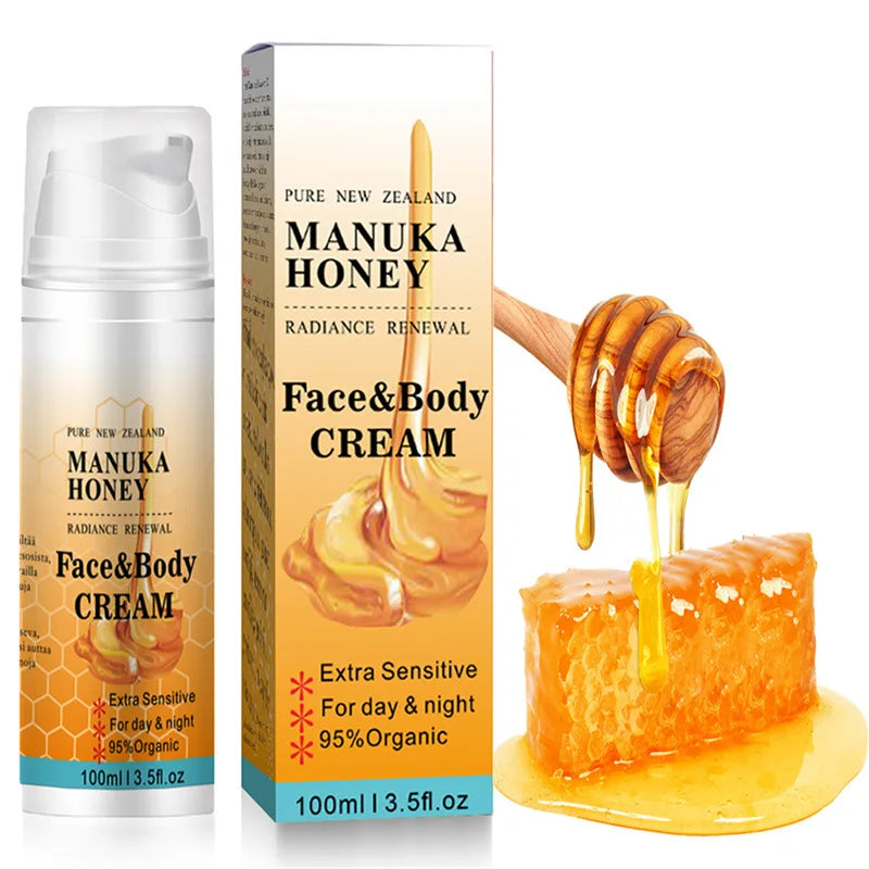 Manuka Honey Face & Body Cream with packaging and honeycomb 