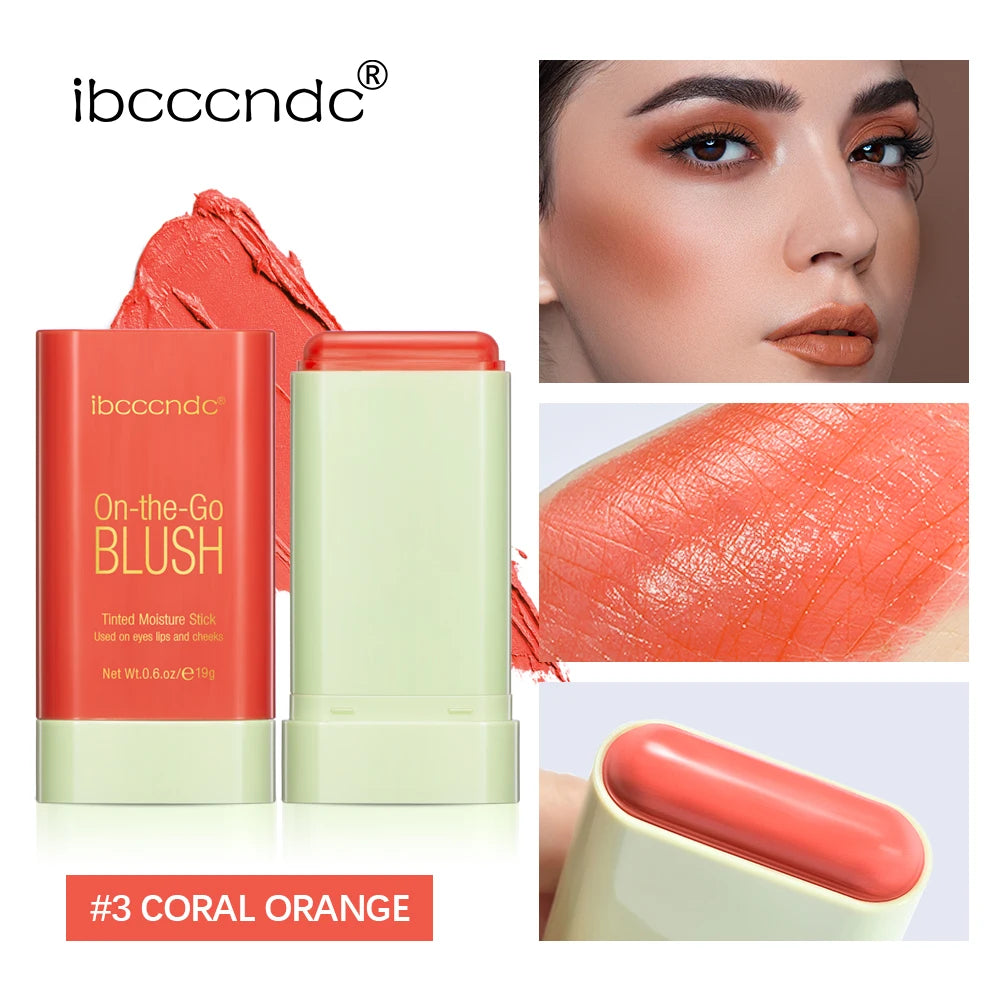 ibcccndc On-the-Go Blush with packaging, application on face, and close-up of blush color.