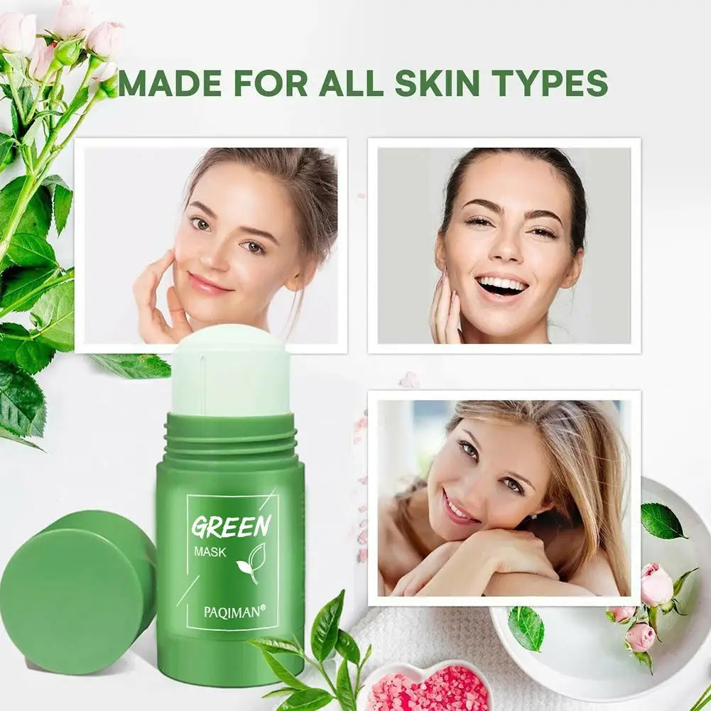 Green skincare mask with images of women and floral elements on a light background