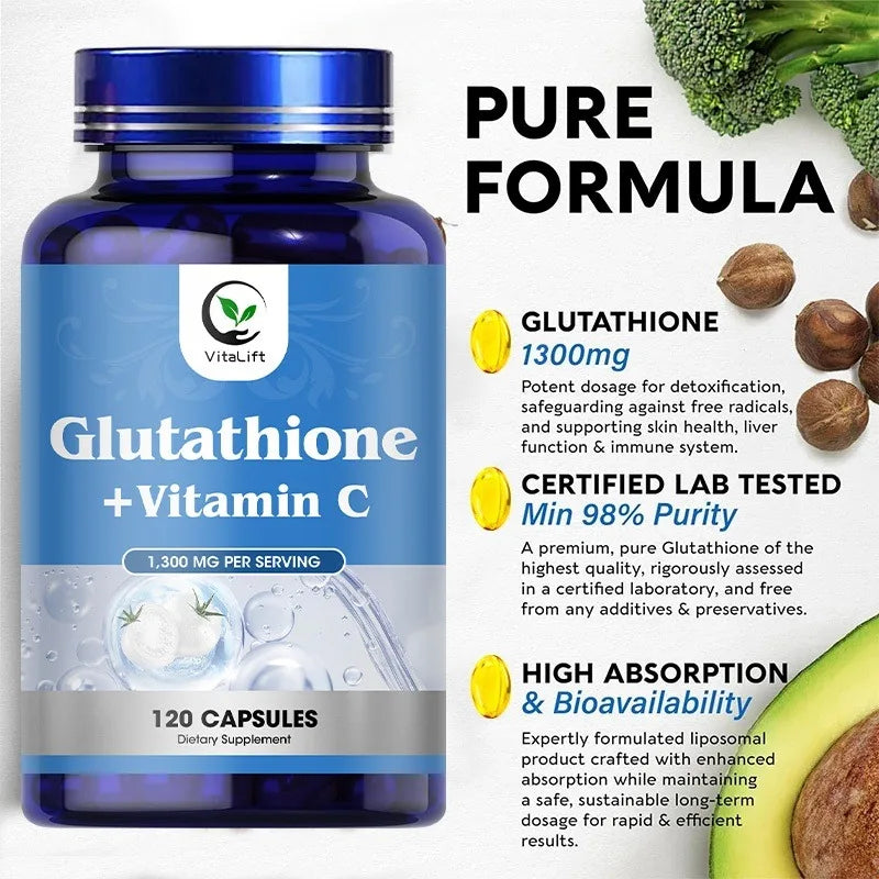 Glutathione Softgels Max Absorption Active Form L-Glutathione Reduced (GSH) with Vitamin C for Detox Anti-Aging Whitening Skin