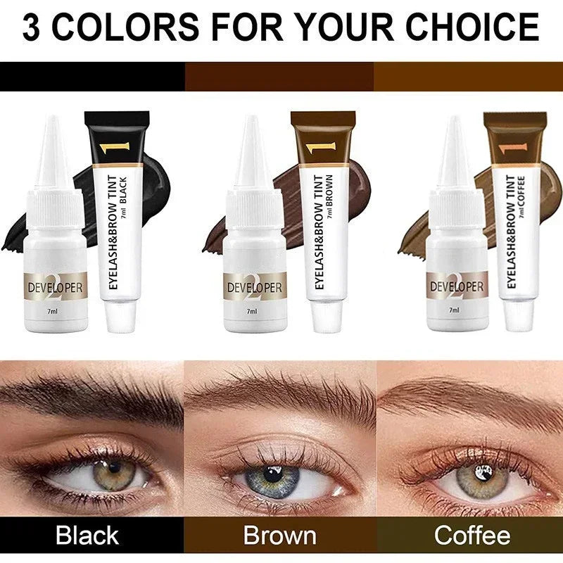 Eyelash and brow tint set with application examples on eyes.