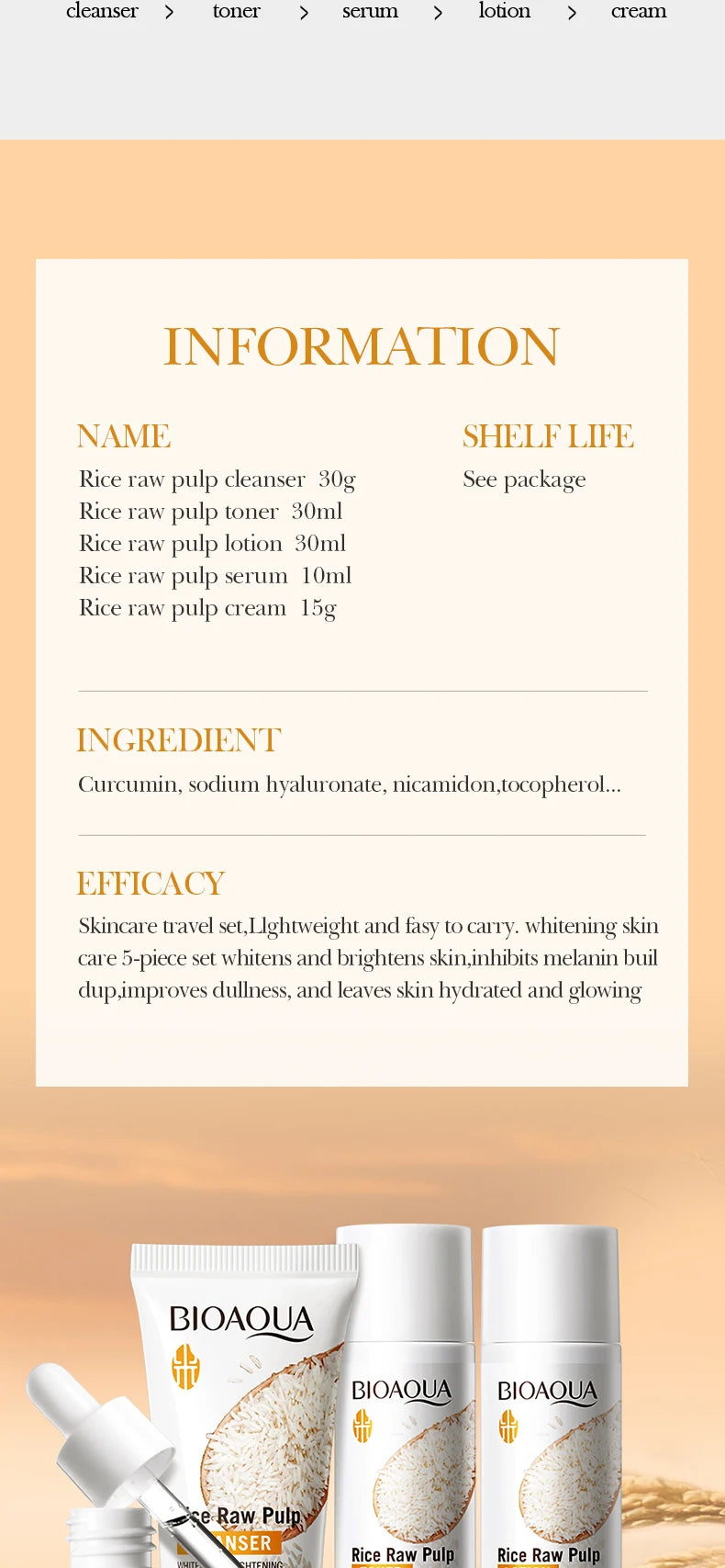 Rice Puree Skin Care Set Whitening Brighten Hydrating Moisturize Soothing facial cleanser+toner+essence+lotion+cream skincare
